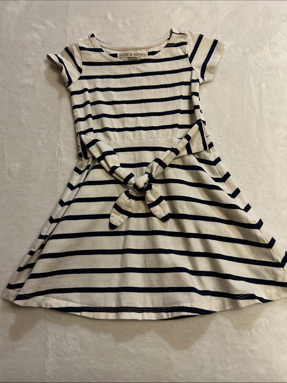 Hope & Henry Girls 3t Navy/White Striped Fit & Flare Cap Sleeve Dress.
